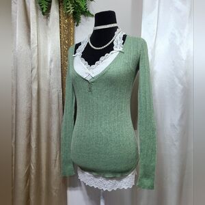 ♡ Y2K ♡ Aeropostale Green Ribbed Button Down Babydoll Henley V Neck Sweater